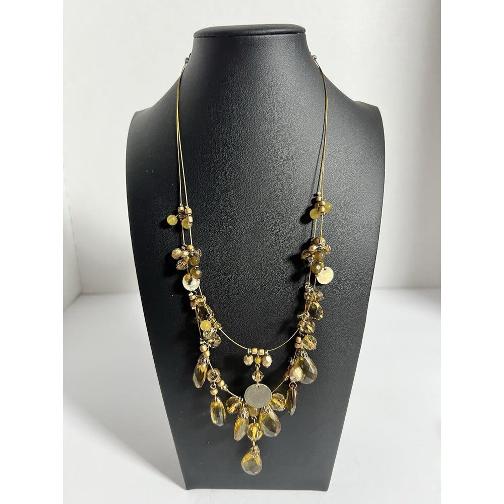 Vintage Gold Brown Tone Y Beaded Teardrop Acrylic Multi Strand Necklace 18” L